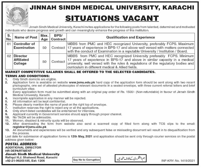 Govt Vacancies in JSMU (Jinnah Sindh Medical University) || in Karachi, Sindh, Pakistan 2021