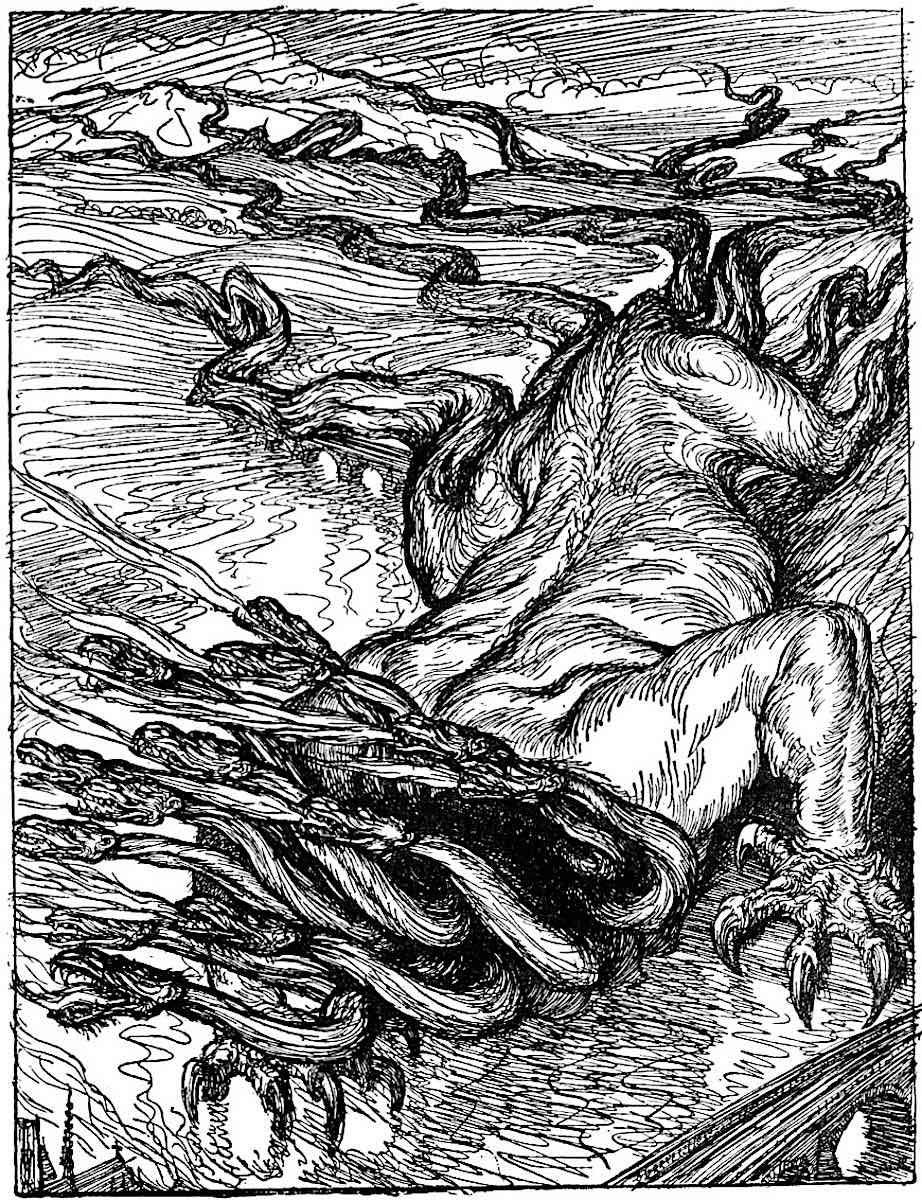 Edmund J. Sullivan an Edmund J. Sullivan illustration of a crawling giant with snake heads