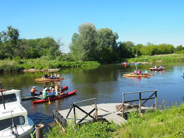 rafting czyli spływ tratwami po Warcie w Obornikach. 6 załóg płynie po rzece w promieniach słońca.