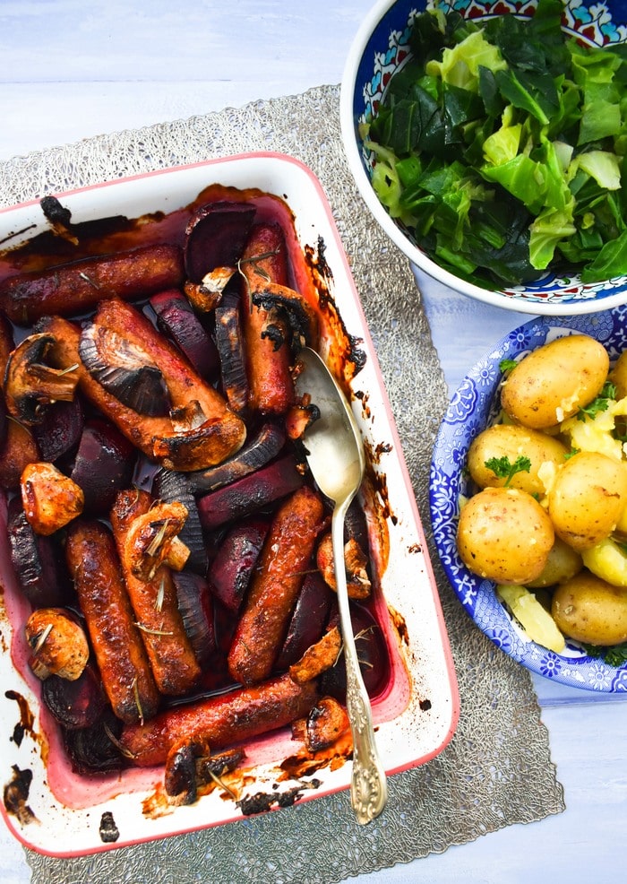 Sticky Marmalade Sausage Bake (Vegan) Tinned Tomatoes