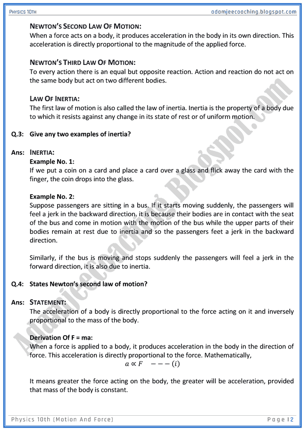 Adamjee Coaching Motion and Force Question Answers Physics 10th