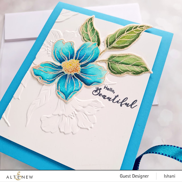 CAS Card Video tutorial cardmaking with Hello Beautiful 3 D embossing folder card, Altenew Embossing folder floral card, watercolor blue flower, guest designer Ishani, quillish