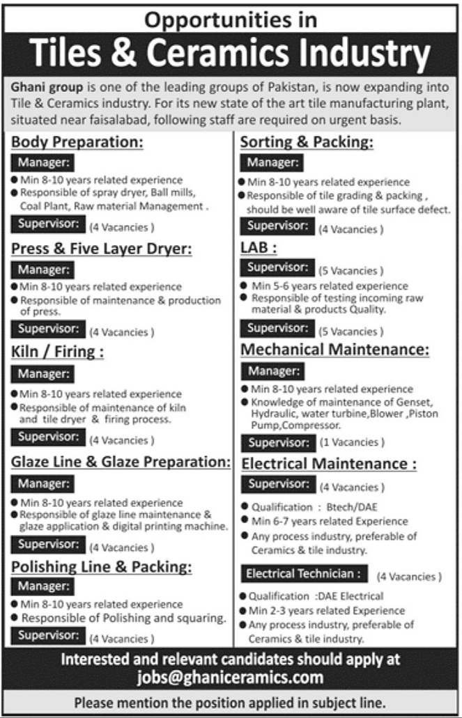 Ghani Ceramics Ltd Multiple Jobs December 2019 Engineering Career