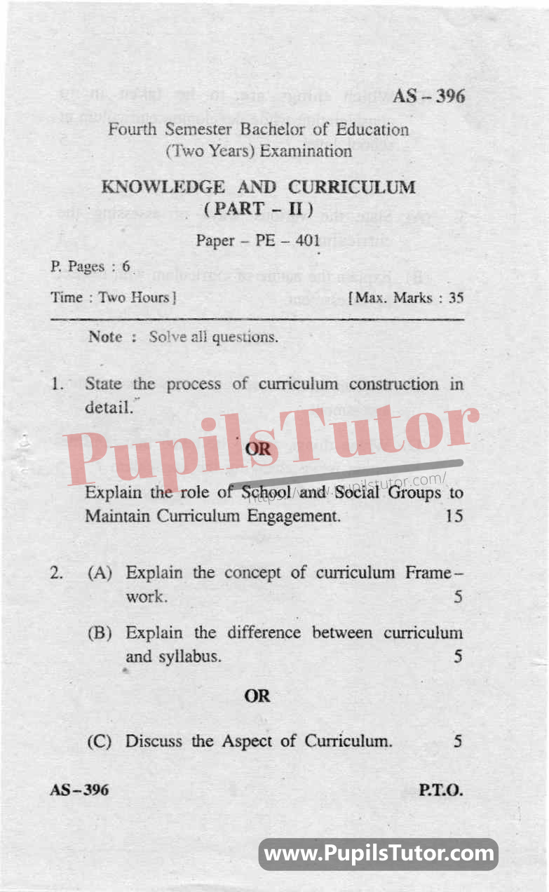 Knowledge And Curriculum Part 2 Question Paper In English