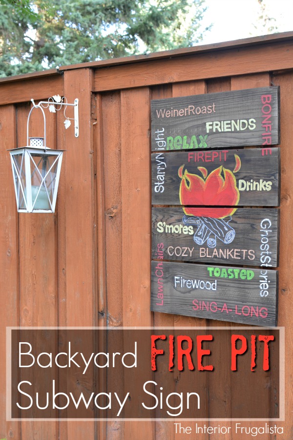 How to build a fun scrap wood fire pit subway sign for a backyard fence with free printable, and how to age the boards to look like weathered wood. #firepitsign #diyoutdoordecor #subwaysigndiy #diyoutdoorsign