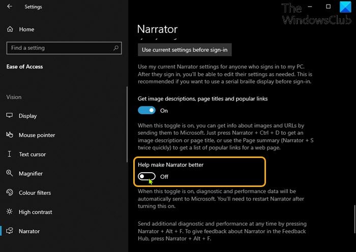 Włącz lub wyłącz dane diagnostyczne dotyczące użycia Narratora w systemie Windows 10