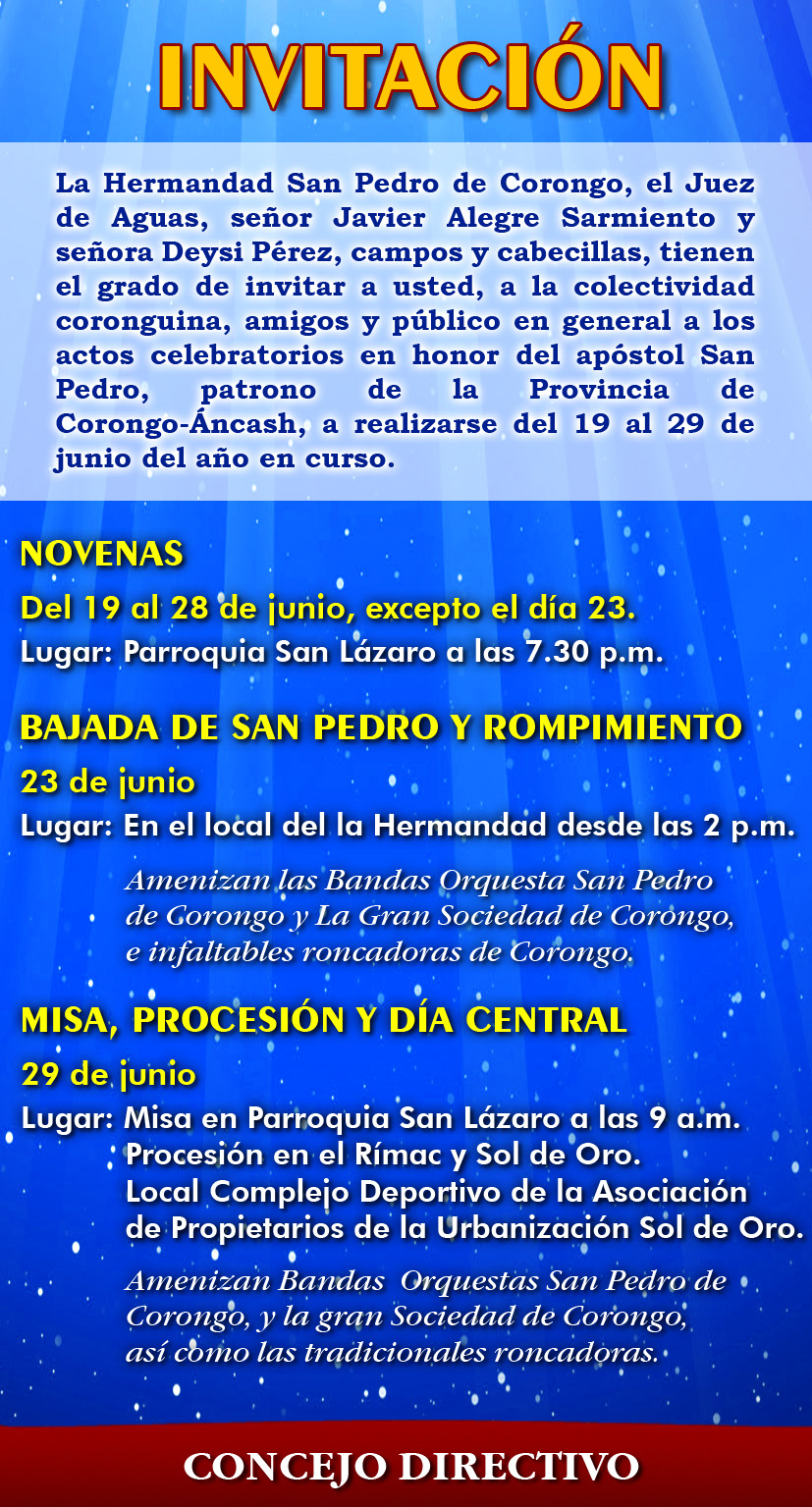 Hermandad San Pedro de Corongo [HSPC]: Invitación para la Fiesta Patronal  de San Pedro 2012