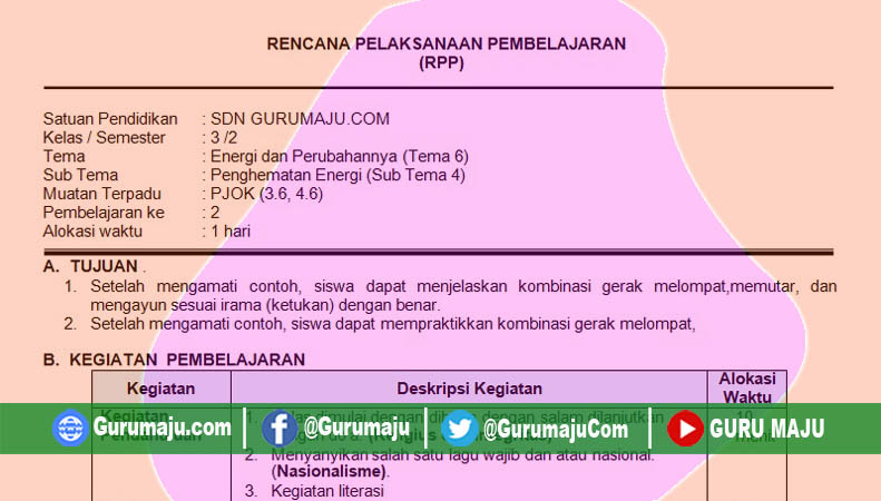 RPP 1 LEMBAR PJOK SD KELAS 3 TEMA 8 REVISI 2020 GURU MAJU