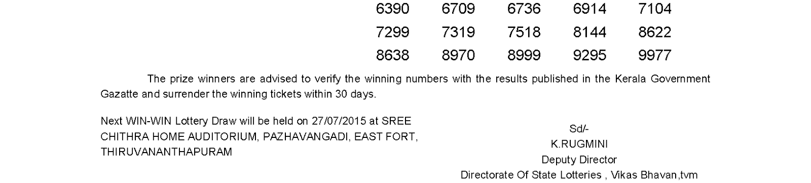 WIN WIN Lottery W 317 Result 20-7-2015
