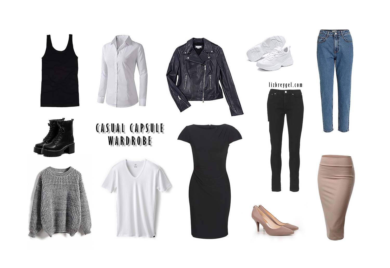 fashion collage with a few capsule wardrobe clothing essentials