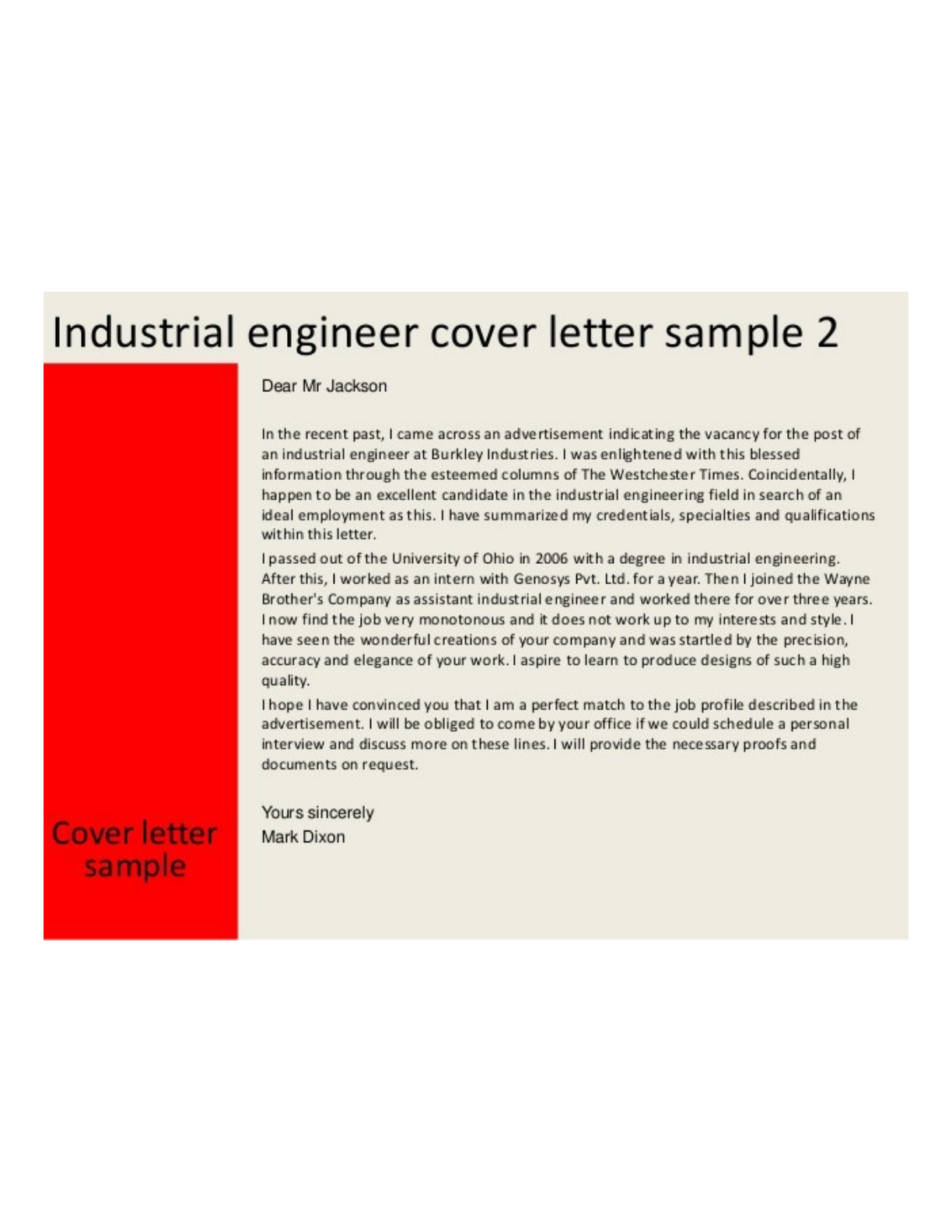 industrial engineer cover letter