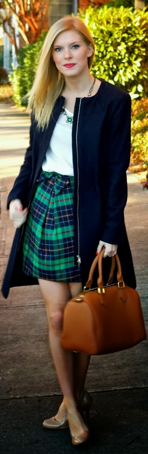 Fashion Idea blue coat green skirt brown handbag autumn necklace casual ...