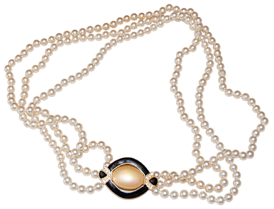 Pearl and Enamel Necklace A long triple-strand necklace with faux pearls and a large enamel buckle.