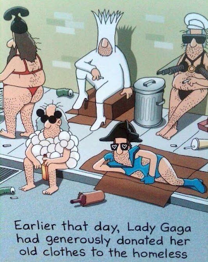 Lady Ga Ga donates her clothes to the homeless, cartoon