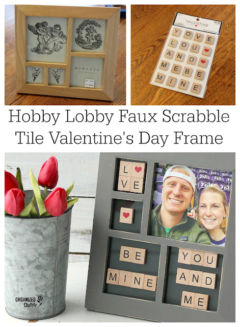 DIY Valentine's Day Collage Frame With Hobby Lobby Faux Scrabble Tiles #HobbyLobby #scrabbletiles #Valentinesday #crafting #dixiebellepaint #frameideas #thriftshopmakeover
