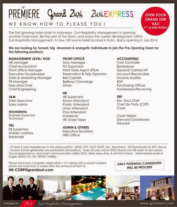 New Bali Job Vacancy Grand Zuri Bali 2014
