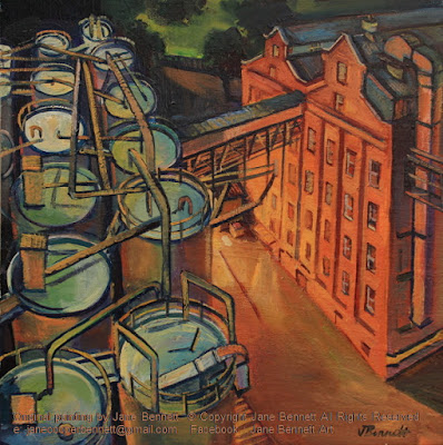 plein air oil painting of nocturne from the top of the silos of the Mungo Scott Flour Mills Summer Hill painted by landscape artist Jane Bennett