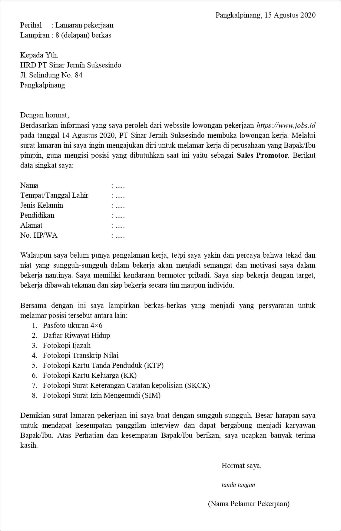 Contoh Surat Lamaran Kerja Untuk Sales Promotor (Fresh