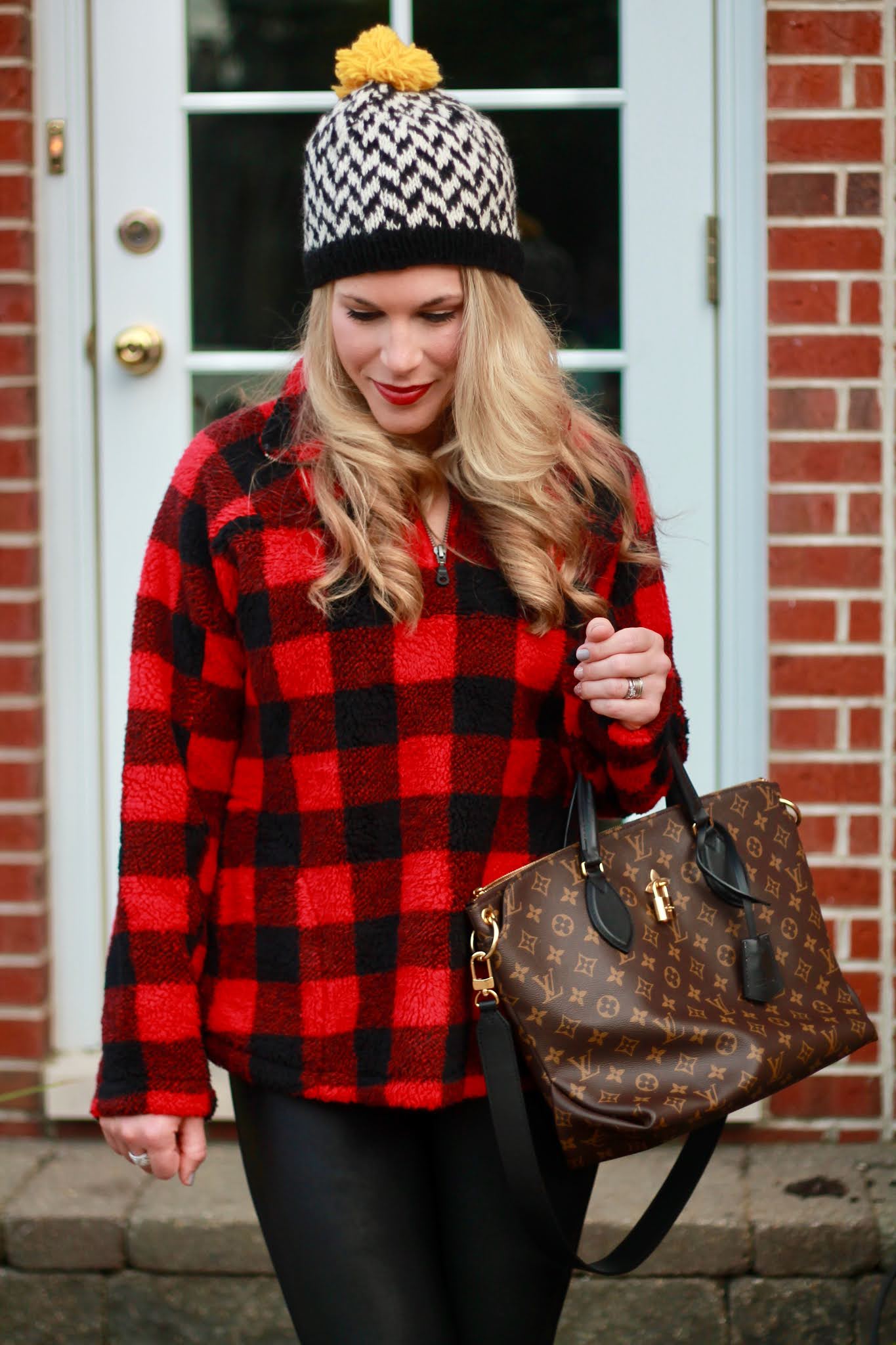 BuffalHO HO HO Plaid & Confident Twosday Linkup red buffalo plaid quarter zip, leather leggings, winter leather leggings outfit, grey sherpa combat boots,
