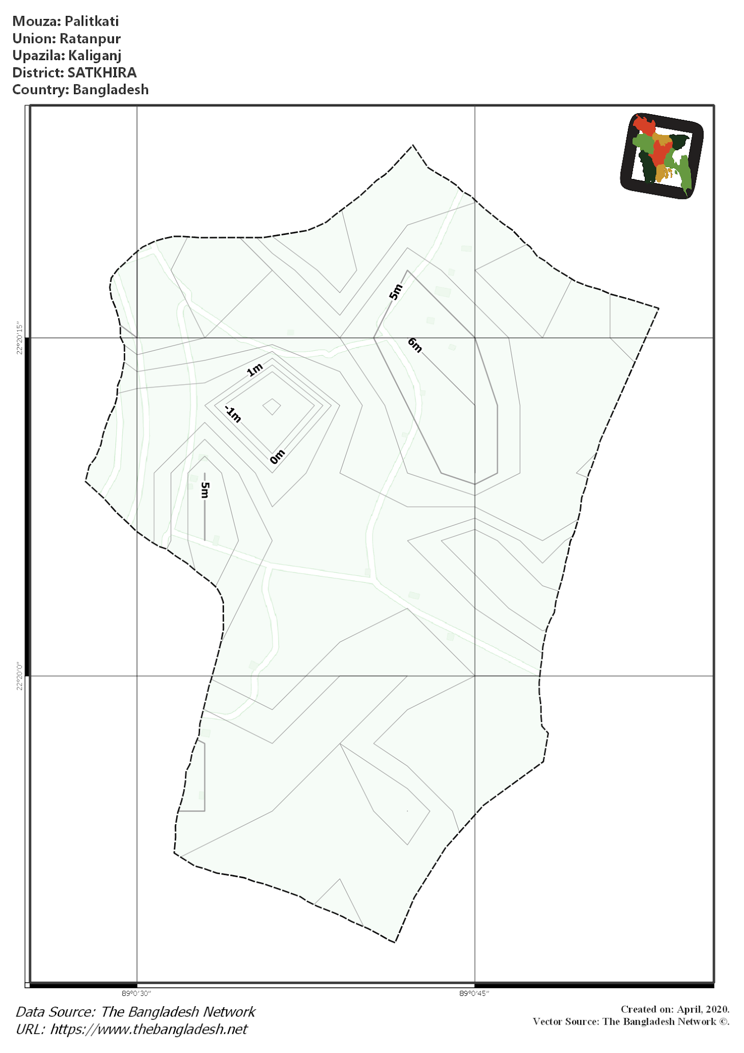 Map of Palitkati Mouza of Kaliganj Upazila, SATKHIRA, Bangladesh.