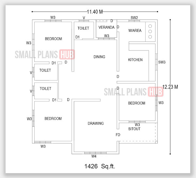 1426 Sq.ft. 3 Bedroom Single Floor Plan