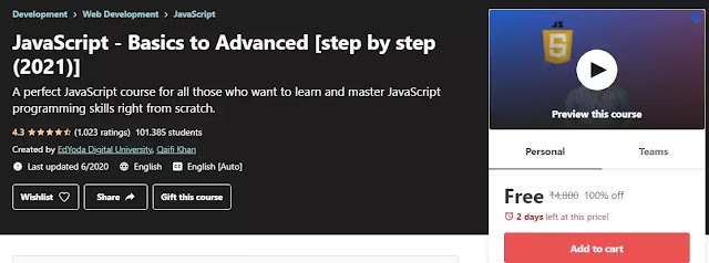 [100% Off ] JavaScript - Basics to Advanced [step by step (2021)]