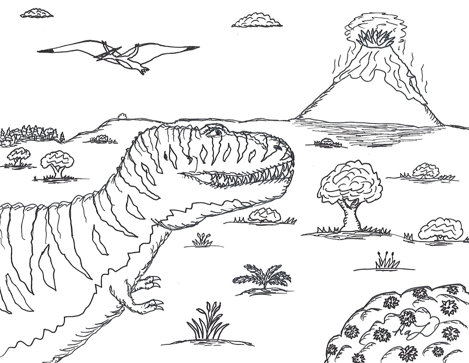 T Rex With Volcano Coloring Sheet Coloring Pages
