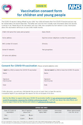 COVID vaccination consent form for parents 12-15 UK published 21st September 2021