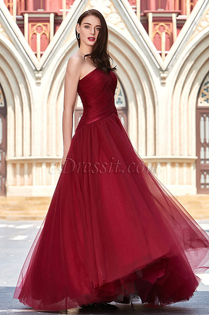Newest Burgundy One Shoulder Prom Ball Party Dress