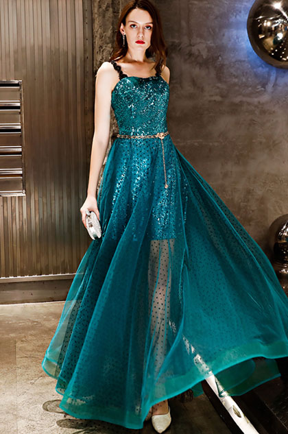 Green Straps Sequins Long Party Formal Dress