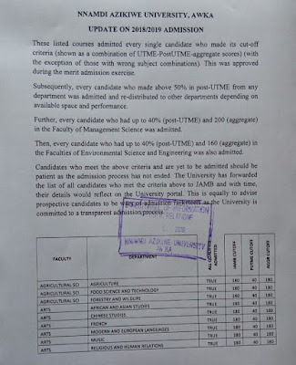 NNAMDI AZIKIWE UNIVERSITY: UPDATE ON 2018/2019 ADMISSION NNAMDI AZIKIWE UNIVERSITY: UPDATE ON 2018/2019 ADMISSION