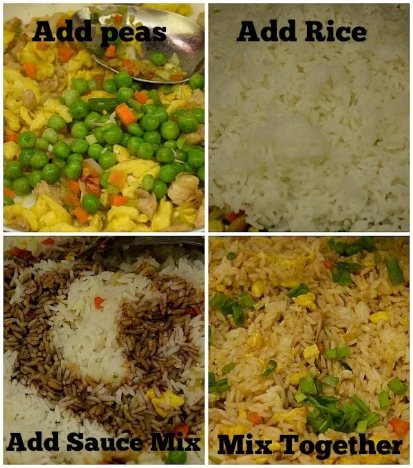 steps to make chicken fried rice - add peas ,rice,sauce mix and mix well