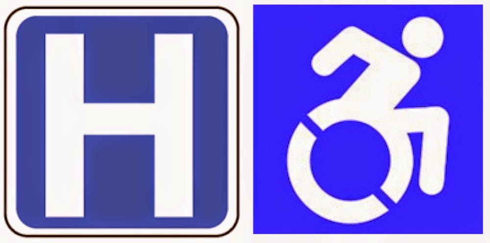 Hospital icon on the left, active wheelchair icon on the right
