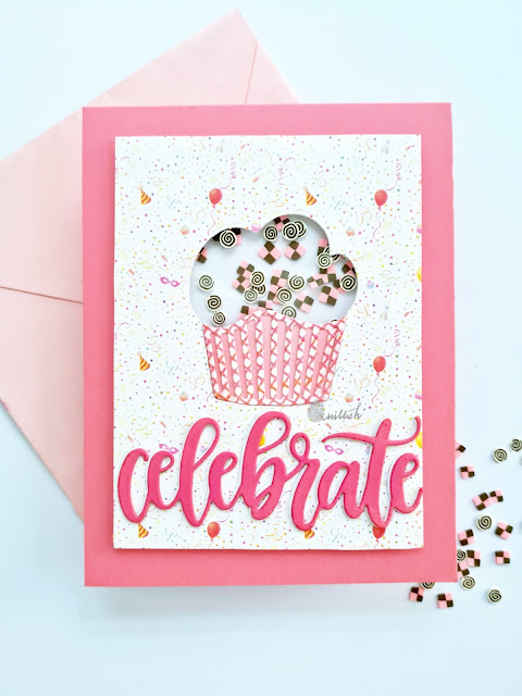 Cupcake shaker card, STAMPlorations cupcake builder, MFT Celebrate die, Cupcake birthday card, Quillish