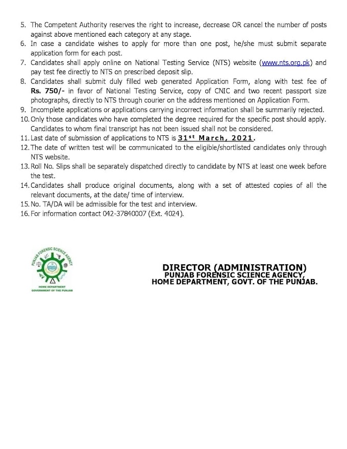 Punjab Forensic Science Agency (PFSA) Jobs 2021  Apply Online  Via www.nts.org.pk