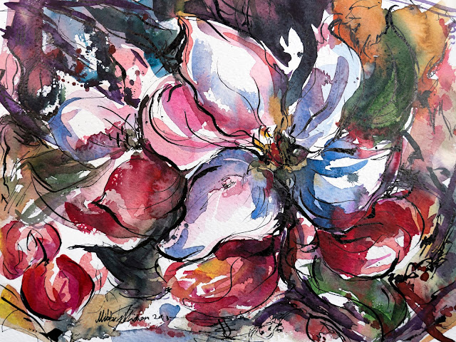 Apple flowers Watercolors and ink on paper painting by Mikko Tyllinen