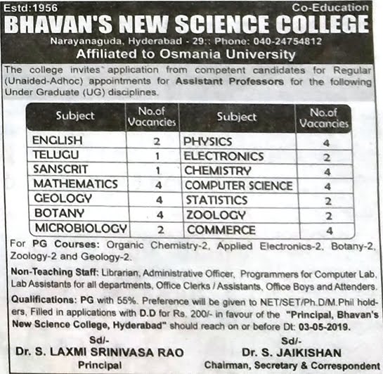 Bhavan's New Science Faculty Jobs 2019 in Microbiology/Botany/Zoology