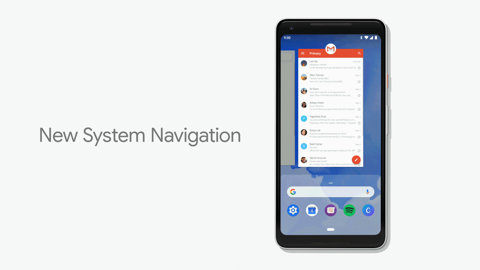 New system navigation in Android P giving faster access to recents and predicted apps.