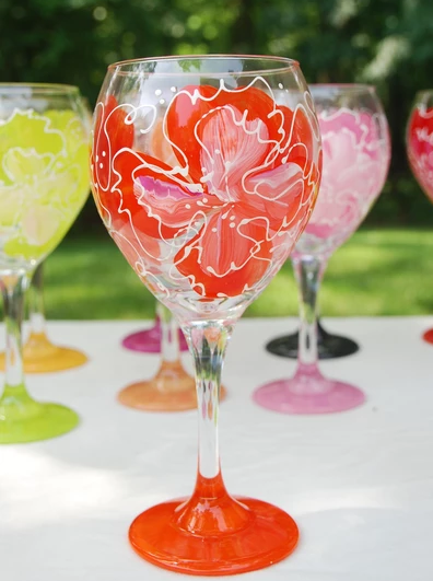 Red Hand Painted Wine Glass