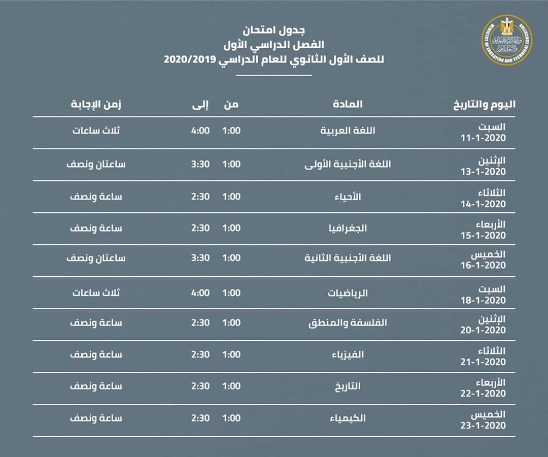 جدول امتحانات الصف الأول والثاني الثانوي الترم 2020 جدول امتحانات الصف الأول والثاني الثانوي الترم 2020