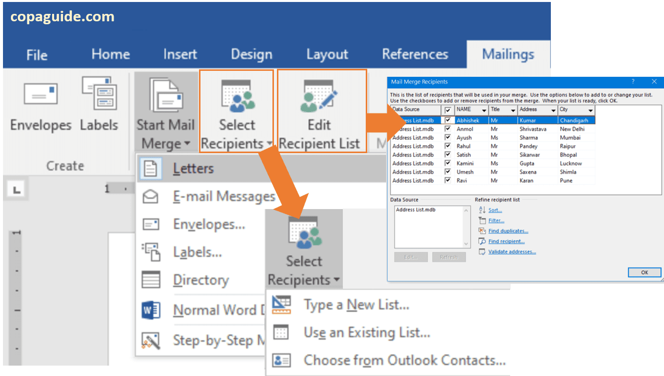 माइक्रोसॉफ्ट वर्ड – स्टार्ट मेल मर्ज का उपयोग Microsoft Word - Using Start Mail Merge Command