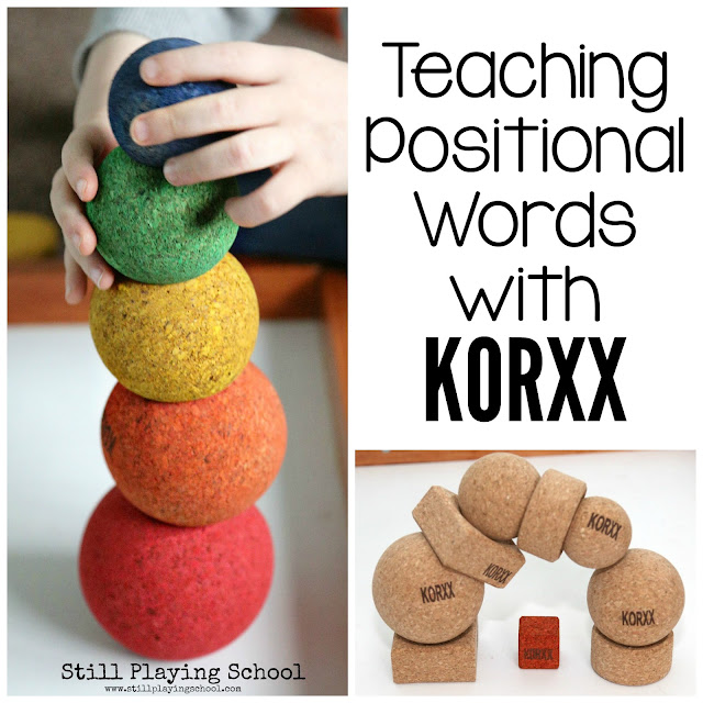 Teach prepositions or positional words to kids using KORXX cork building blocks!
