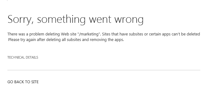 cannot delete sharepoint subsite
