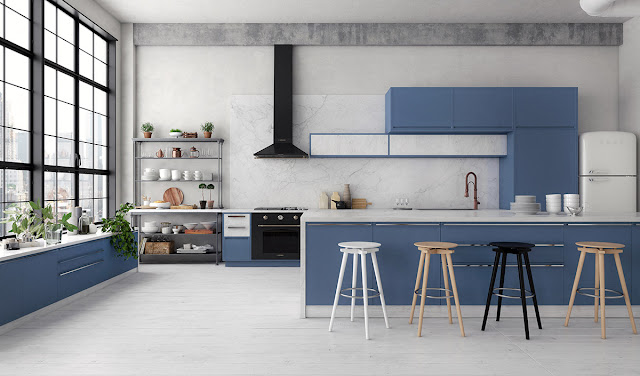 Blue white wood kitchen