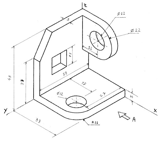 Dibujo técnico arriba 1DT PIEZA 16, de perspectiva isométrica a vistas (circunferencia) Dibujo técnico arriba 1DT PIEZA 16, de perspectiva isométrica a vistas (circunferencia)