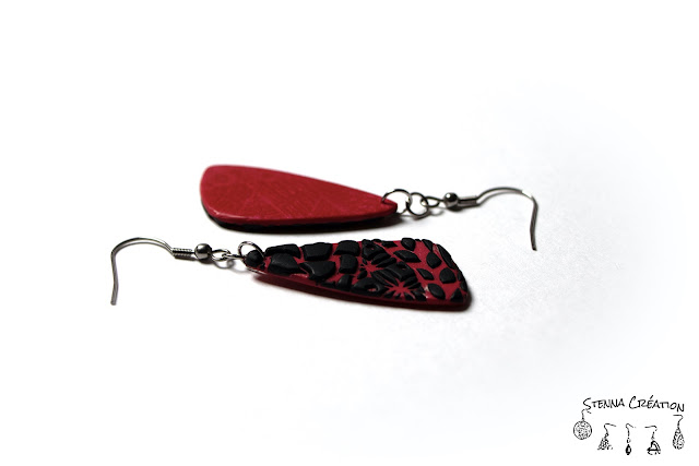 Boucles oreilles pâte polymère Sutton Slice Mica Shift noir rouge Stenna Création Fimo