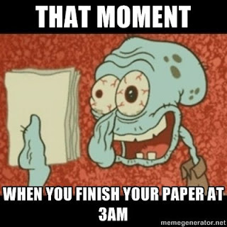 Squidward from SpongeBob hold up paper, looking tired. It's like that moment when you finish your paper at 3 a.m.