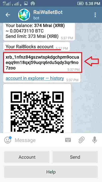 contoh alamat account xrb tampilan aplikasi telegram @RaiWalletBot - godosome.net