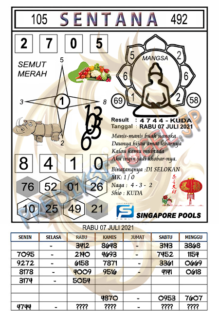 Syair Sentana SGP Rabu 07 Juli 2021