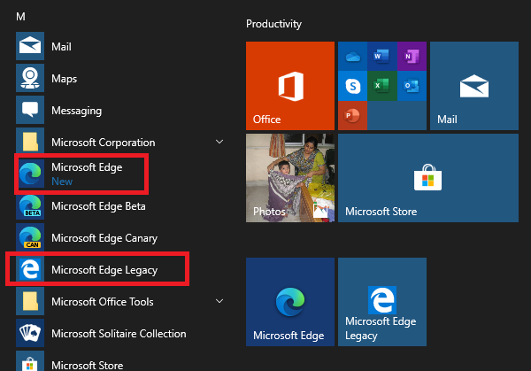 Microsoft Edge Legacy Chromium Stable бок о бок